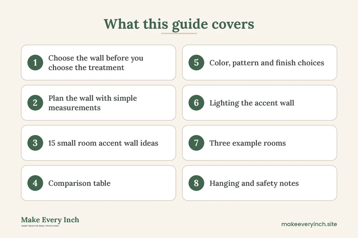 Graphic listing 8 topics covered in: 15 Small Room Accent Wall Ideas That Add Depth Without Shrinking the Space