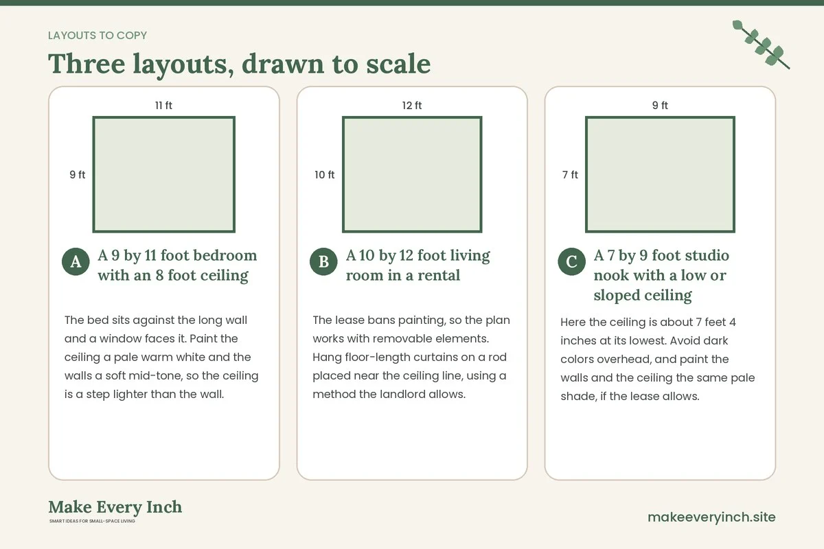 Three room layouts drawn to scale with dimensions and placement notes for: 15 Small Room Ceiling Ideas That Draw the Eye Up