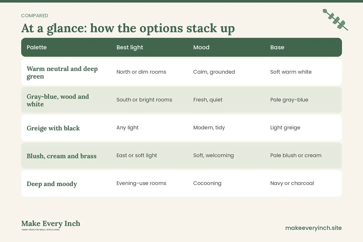 Comparison table of options for: Small Room Color Schemes That Feel Cohesive (Palette, Best light, Mood, Base)
