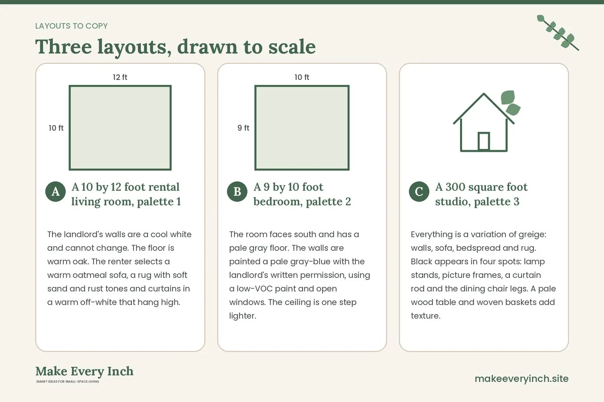 Three room layouts drawn to scale with dimensions and placement notes for: Small Room Color Schemes That Feel Cohesive