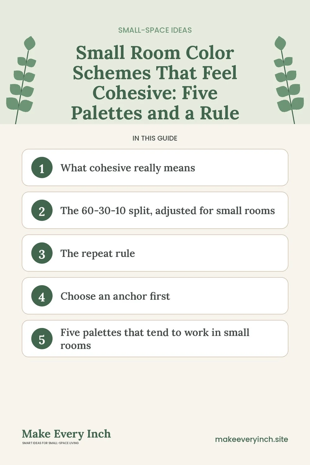 Pinterest pin listing the main topics in: Small Room Color Schemes That Feel Cohesive