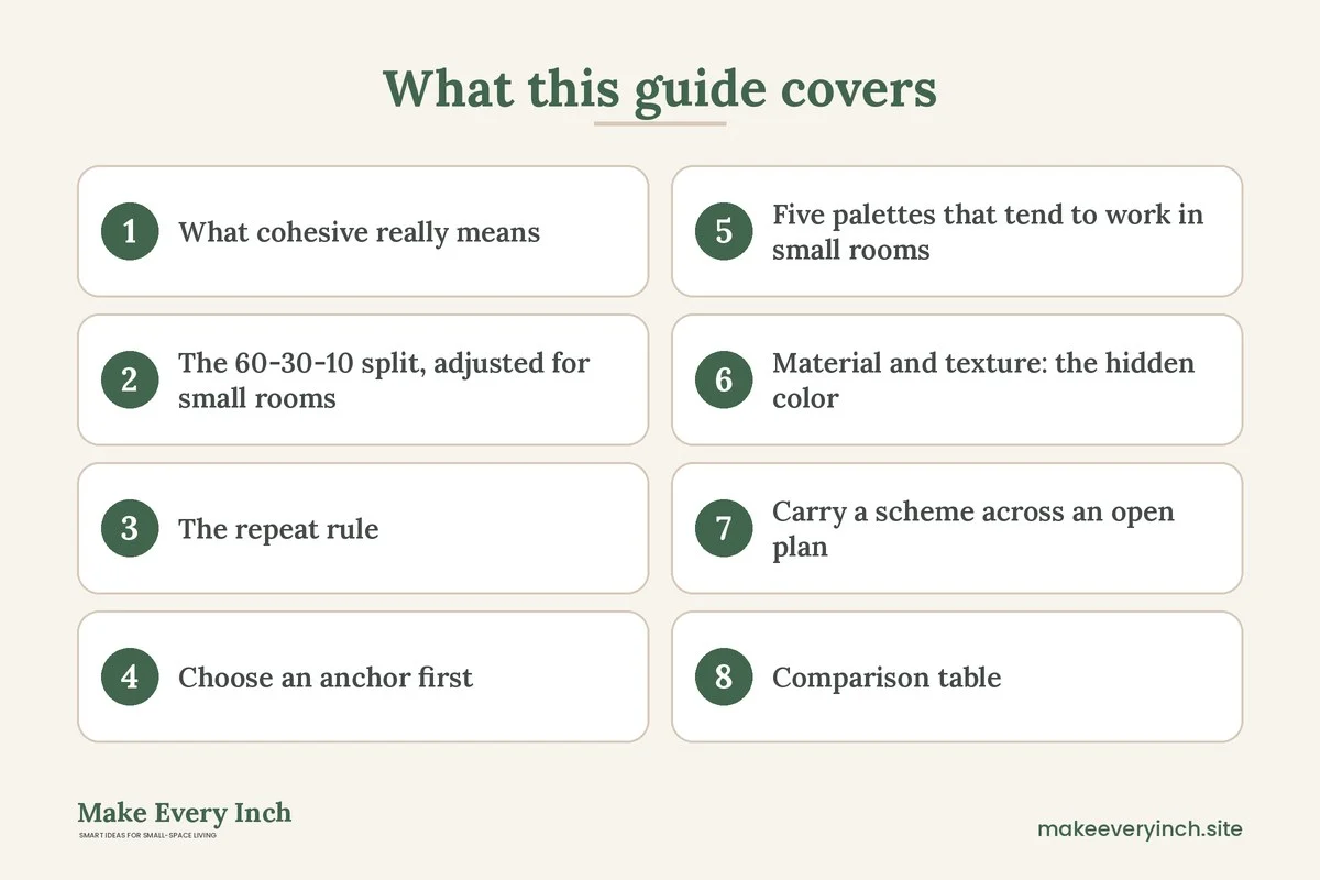 Graphic listing 8 topics covered in: Small Room Color Schemes That Feel Cohesive