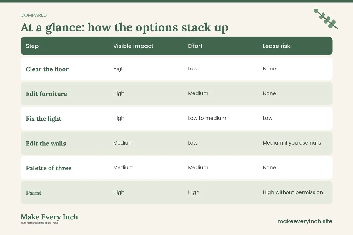 Comparison table of options for: 12 Small Room Decor Before and After Ideas with Makeover Steps (Step, Visible impact, Effort, Lease risk)
