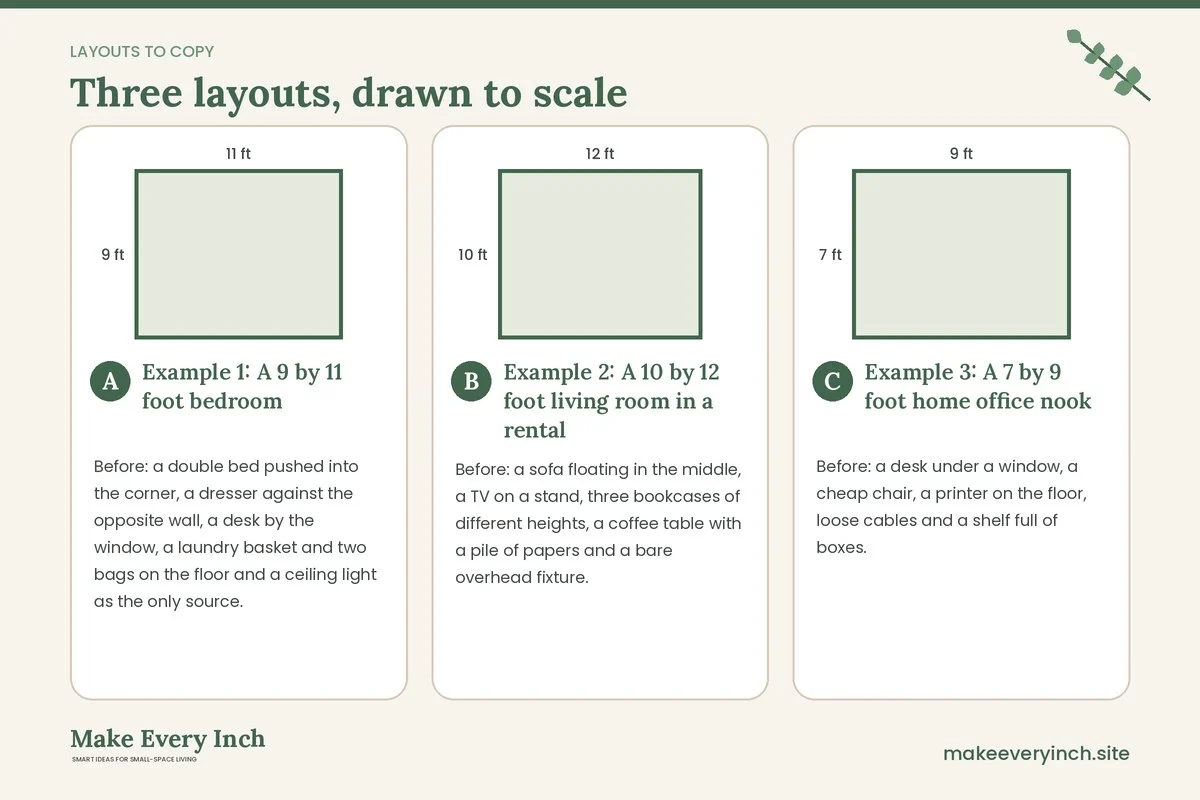 Three room layouts drawn to scale with dimensions and placement notes for: 12 Small Room Decor Before and After Ideas with Makeover Steps