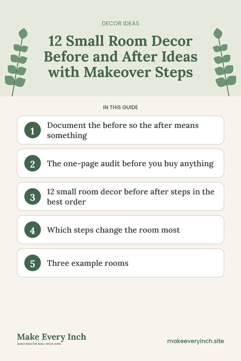 Pinterest pin listing the main topics in: 12 Small Room Decor Before and After Ideas with Makeover Steps