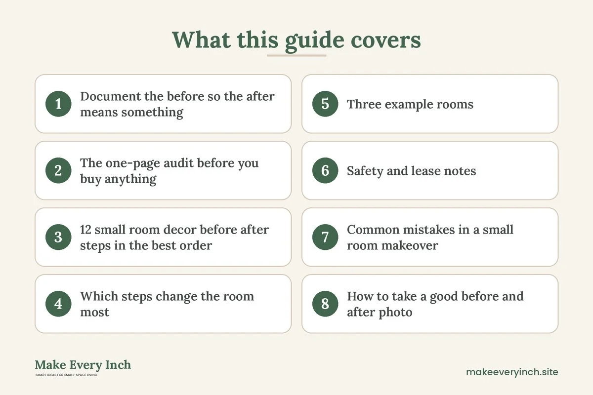 Graphic listing 8 topics covered in: 12 Small Room Decor Before and After Ideas with Makeover Steps