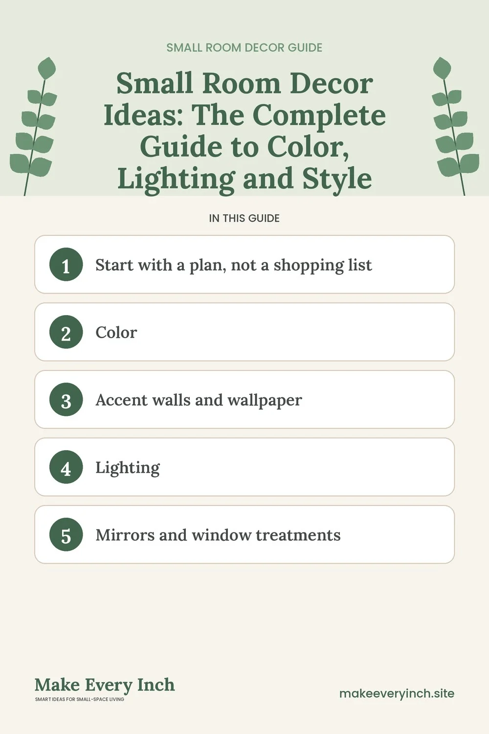 Pinterest pin listing the main topics in the small room decor ideas guide