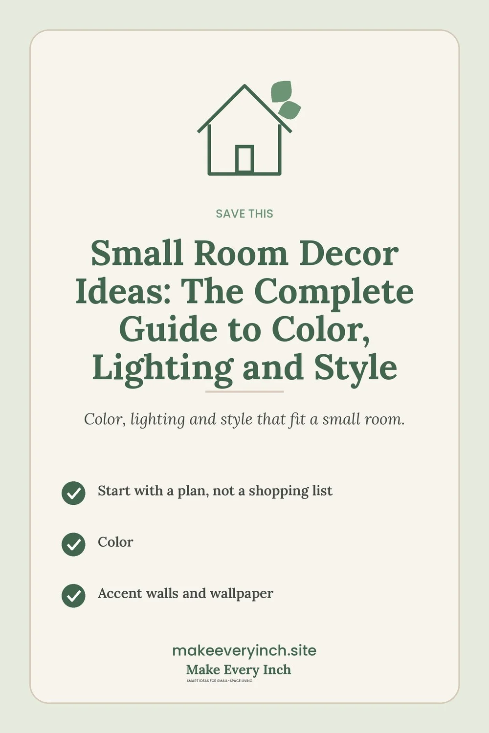 Save-this Pinterest pin for the small room decor ideas guide with a short checklist of key topics