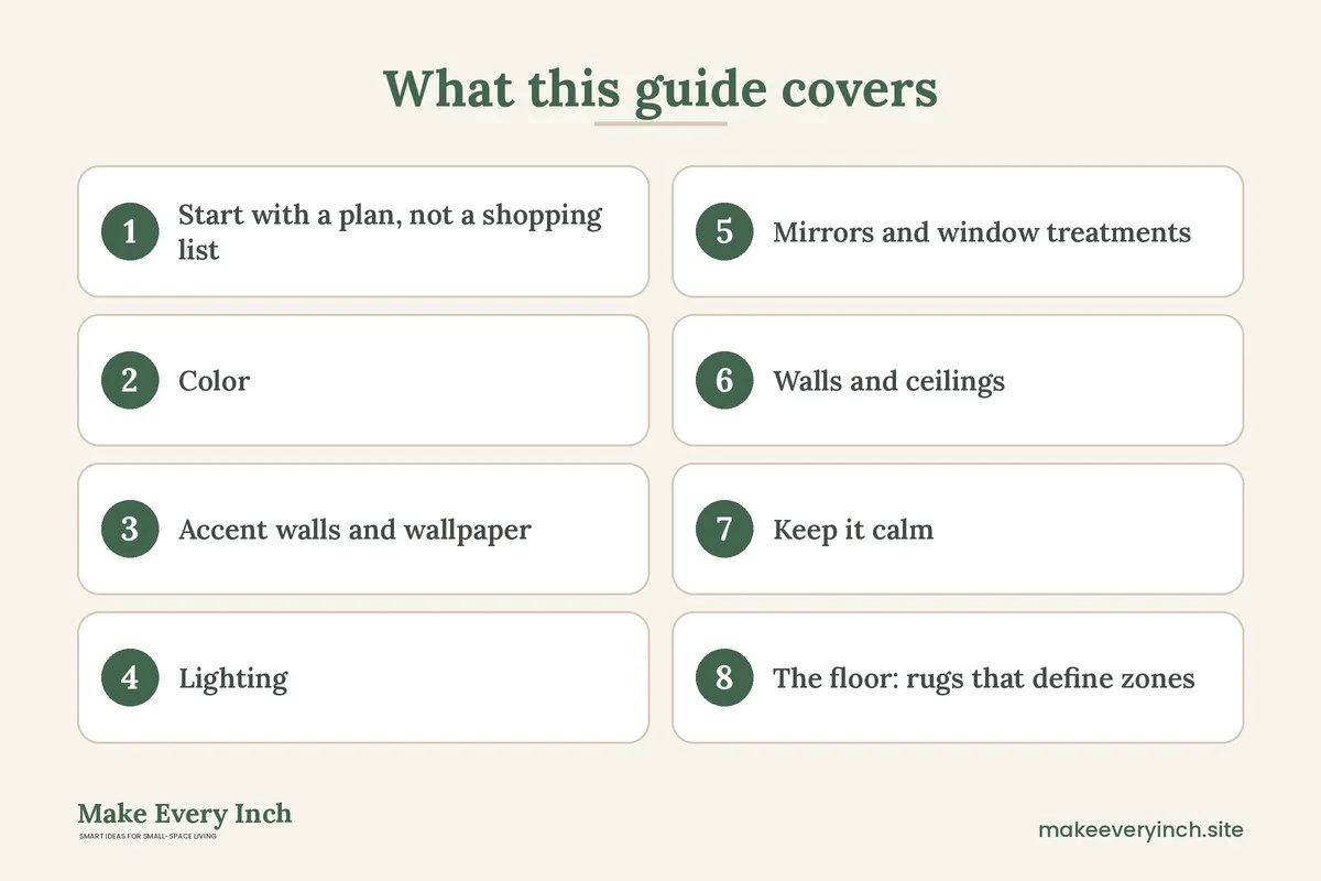 Graphic listing 8 topics covered in the small room decor ideas guide
