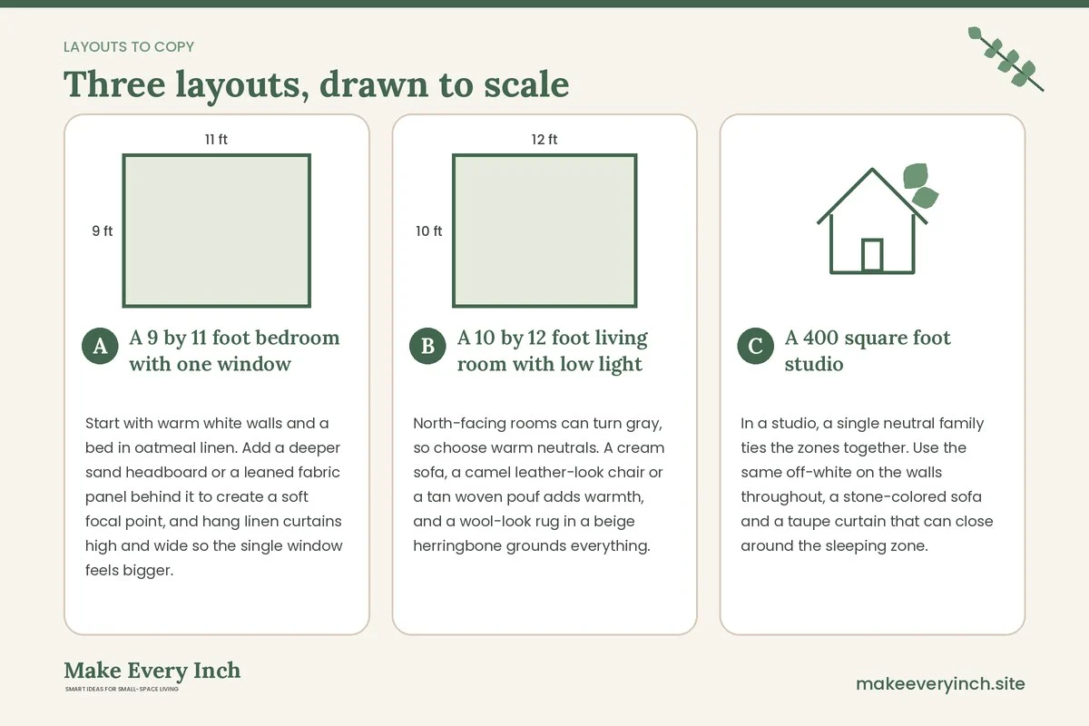 Three room layouts drawn to scale with dimensions and placement notes for: 15 Small Room Decor Ideas for Neutral Lovers