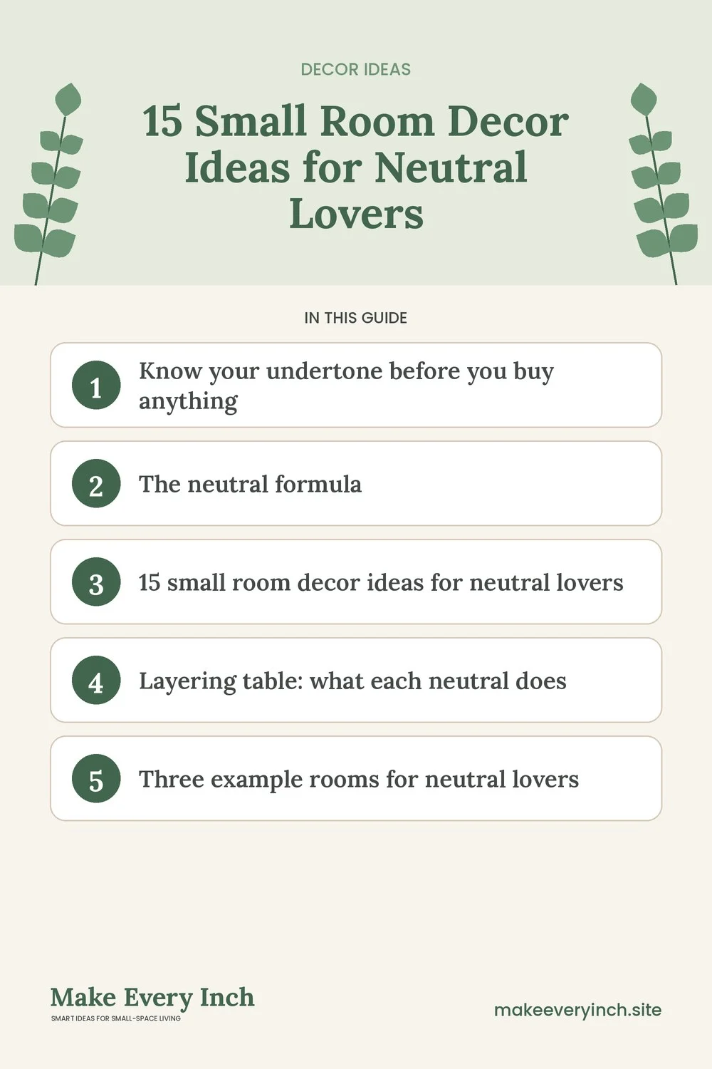 Pinterest pin listing the main topics in: 15 Small Room Decor Ideas for Neutral Lovers