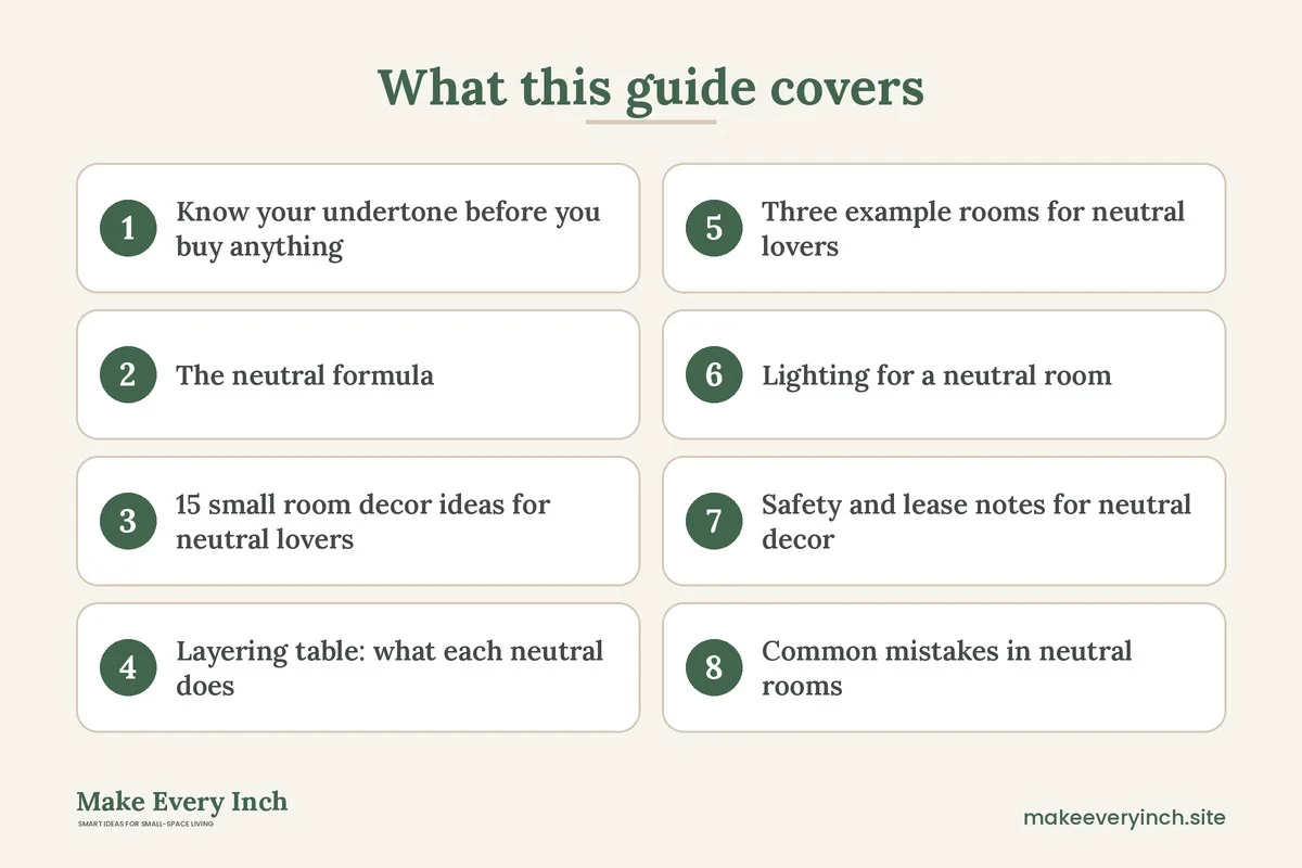Graphic listing 8 topics covered in: 15 Small Room Decor Ideas for Neutral Lovers