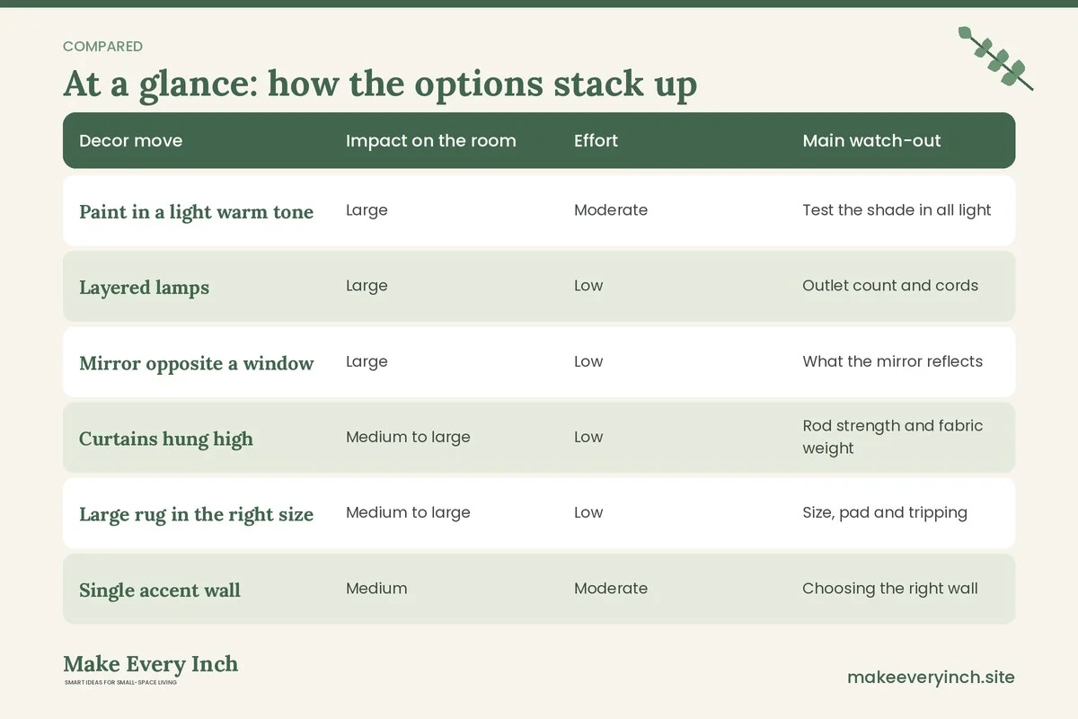 Comparison table of options for: Small Room Decor Ideas (Decor move, Impact on the room, Effort, Main watch-out)
