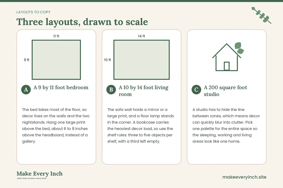 Three room layouts drawn to scale with dimensions and placement notes for: 14 Small Room Decor Ideas That Avoid Clutter and Stay Calm