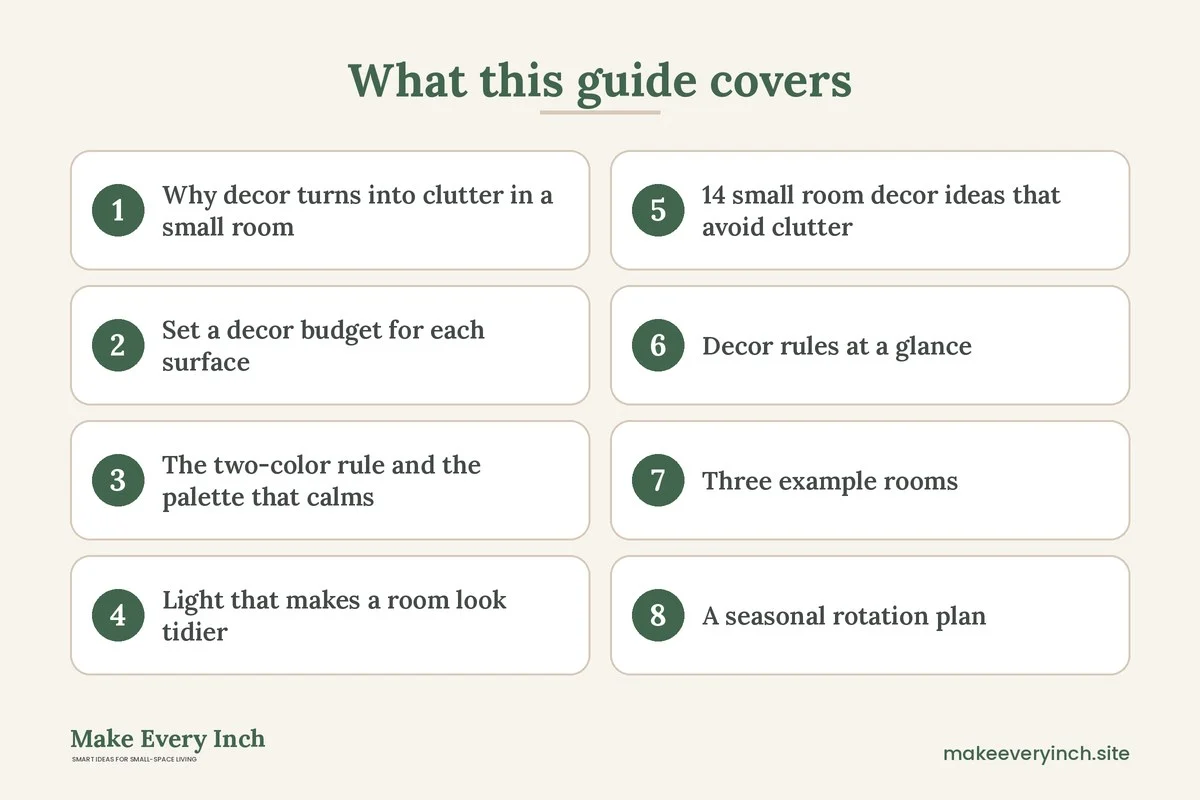 Graphic listing 8 topics covered in: 14 Small Room Decor Ideas That Avoid Clutter and Stay Calm