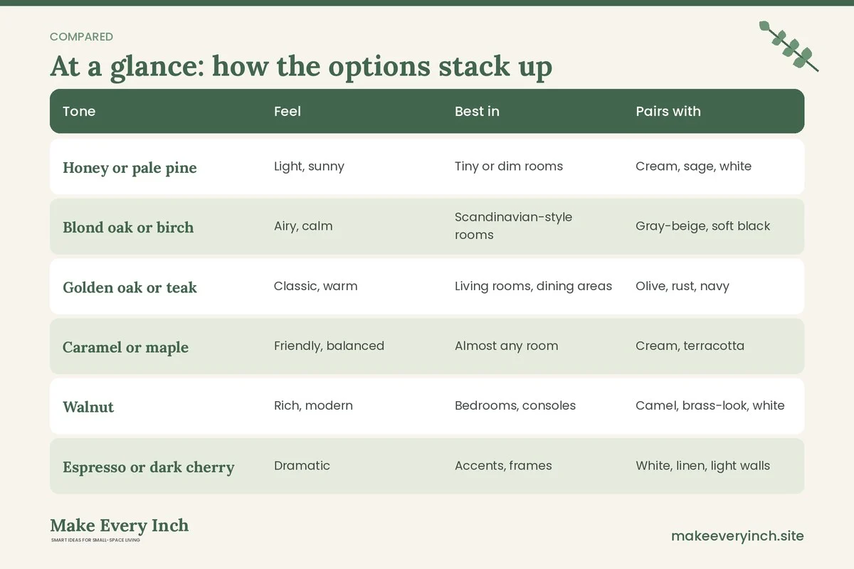 Comparison table of options for: Small Room Decor Ideas with Warm Wood (Tone, Feel, Best in, Pairs with)