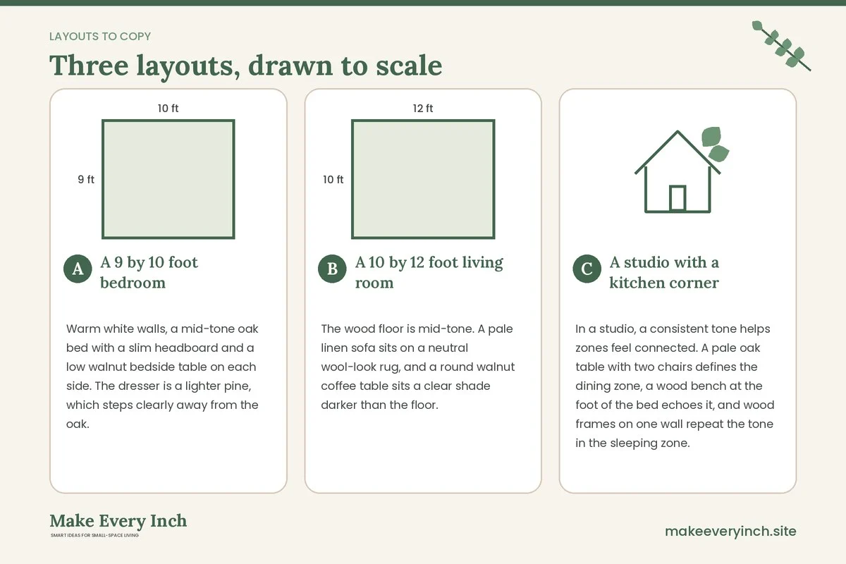 Three room layouts drawn to scale with dimensions and placement notes for: Small Room Decor Ideas with Warm Wood