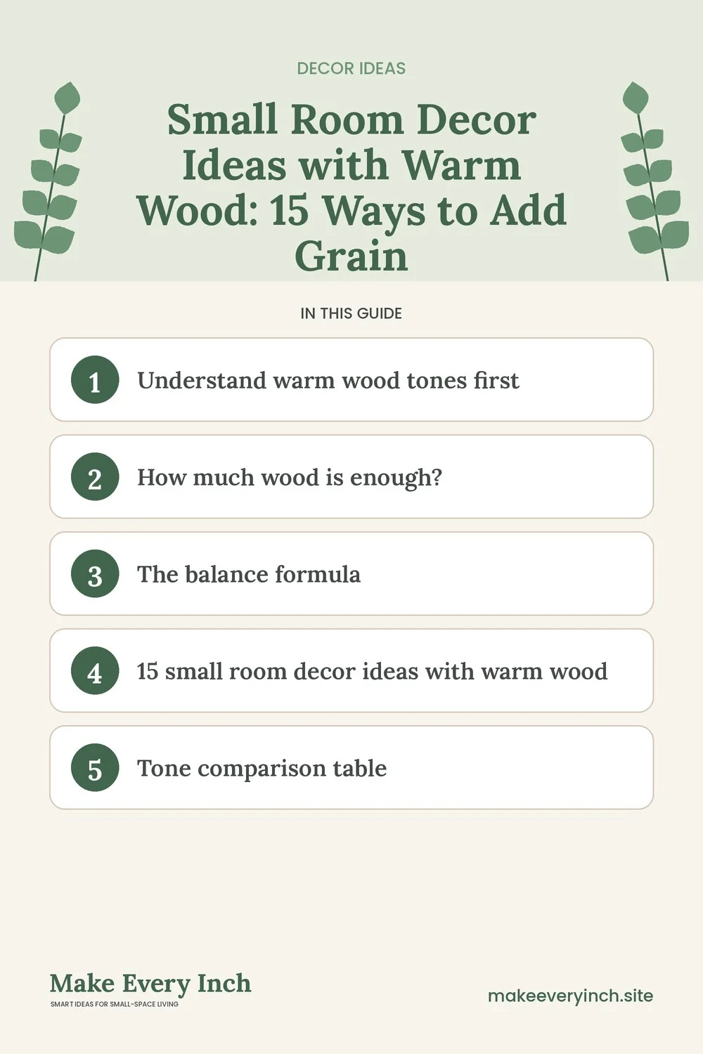 Pinterest pin listing the main topics in: Small Room Decor Ideas with Warm Wood