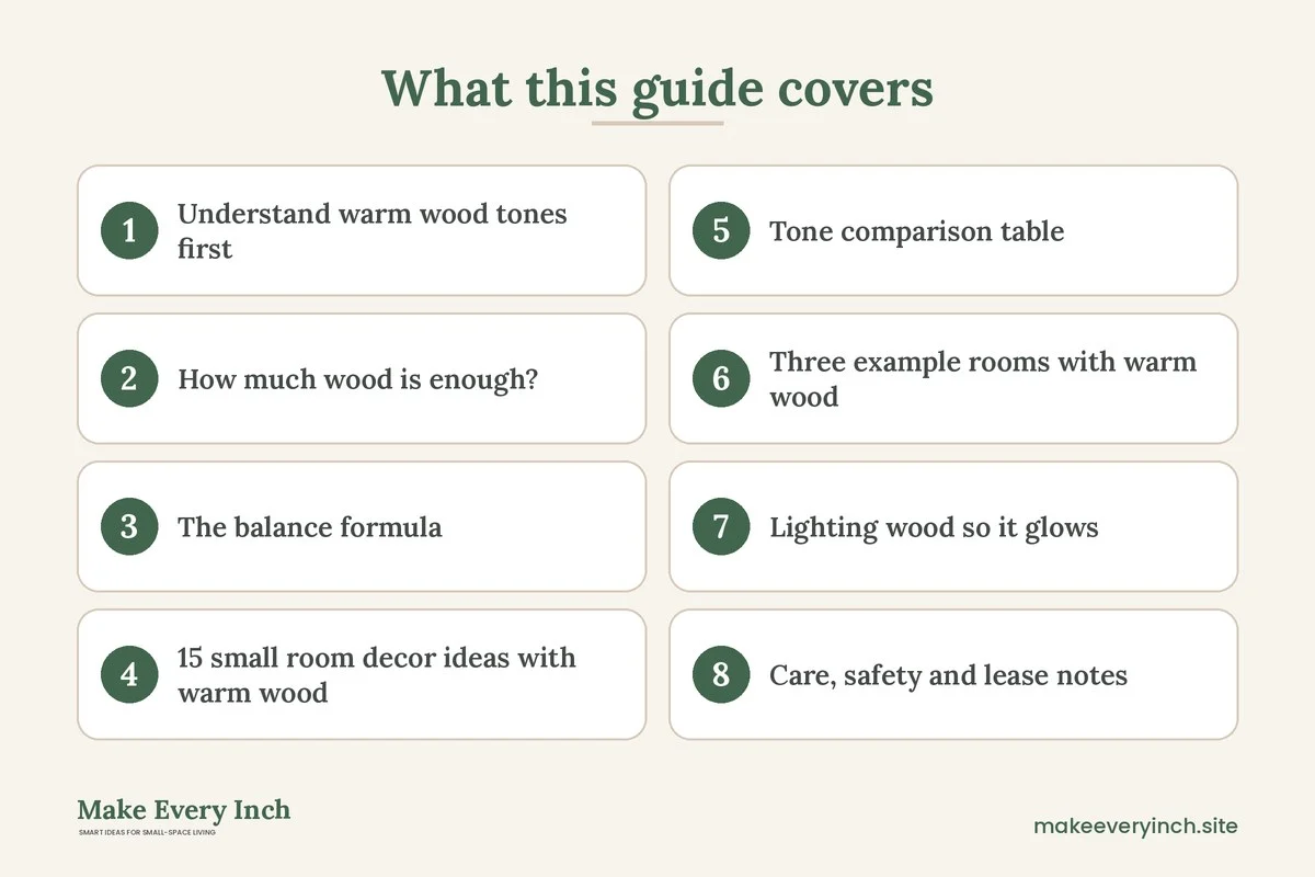 Graphic listing 8 topics covered in: Small Room Decor Ideas with Warm Wood