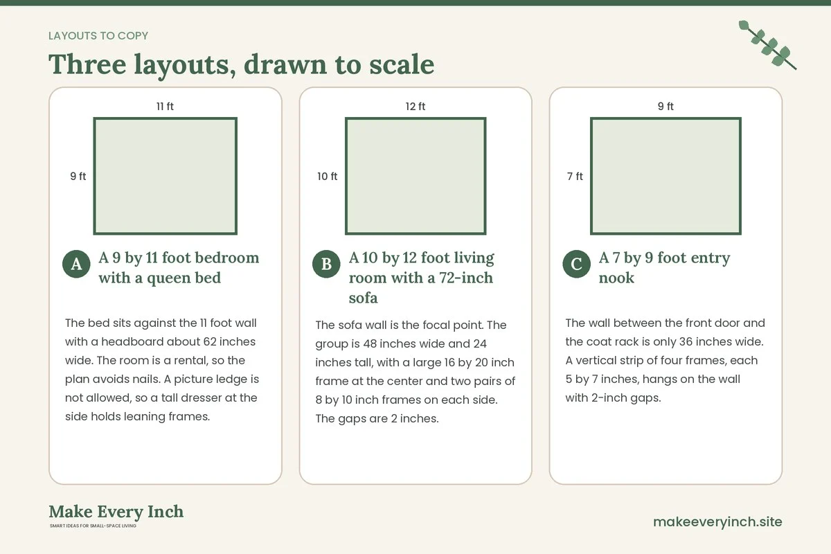 Three room layouts drawn to scale with dimensions and placement notes for: 12 Small Room Gallery Wall Layout Ideas With Spacing Math