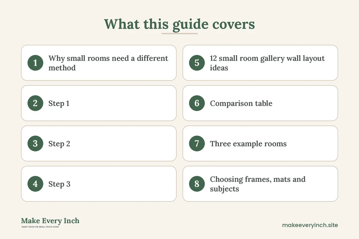 Graphic listing 8 topics covered in: 12 Small Room Gallery Wall Layout Ideas With Spacing Math