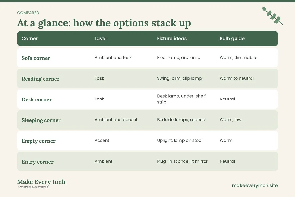 Comparison table of options for: 16 Small Room Lighting Ideas for Every Corner (Corner, Layer, Fixture ideas, Bulb guide)