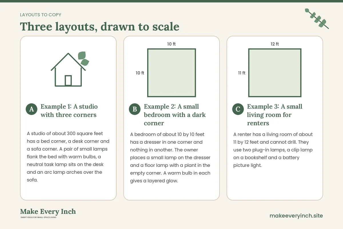 Three room layouts drawn to scale with dimensions and placement notes for: 16 Small Room Lighting Ideas for Every Corner