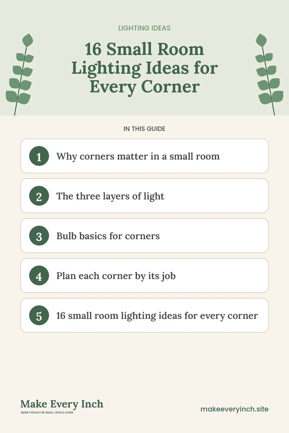 Pinterest pin listing the main topics in: 16 Small Room Lighting Ideas for Every Corner