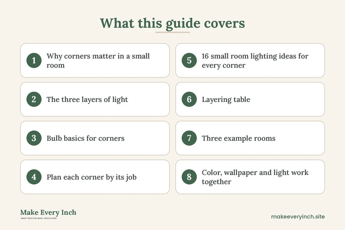 Graphic listing 8 topics covered in: 16 Small Room Lighting Ideas for Every Corner