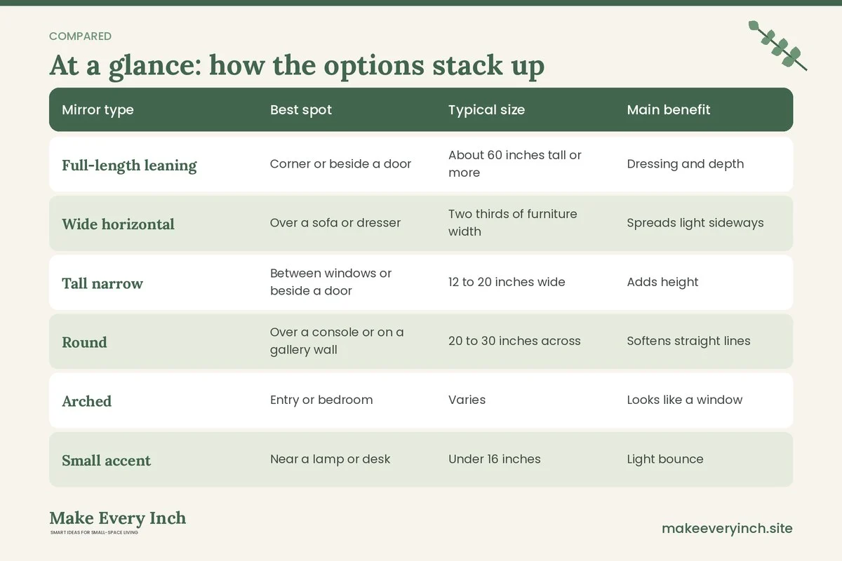Comparison table of options for: Small Room Mirror Placement Ideas (Mirror type, Best spot, Typical size, Main benefit)