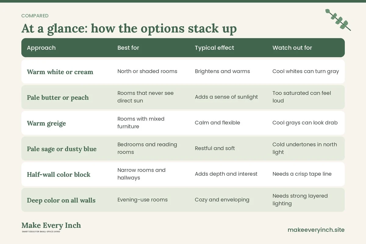 Comparison table of options for: 12 Small Room Paint Ideas for Low Light Spaces (Approach, Best for, Typical effect, Watch out for)