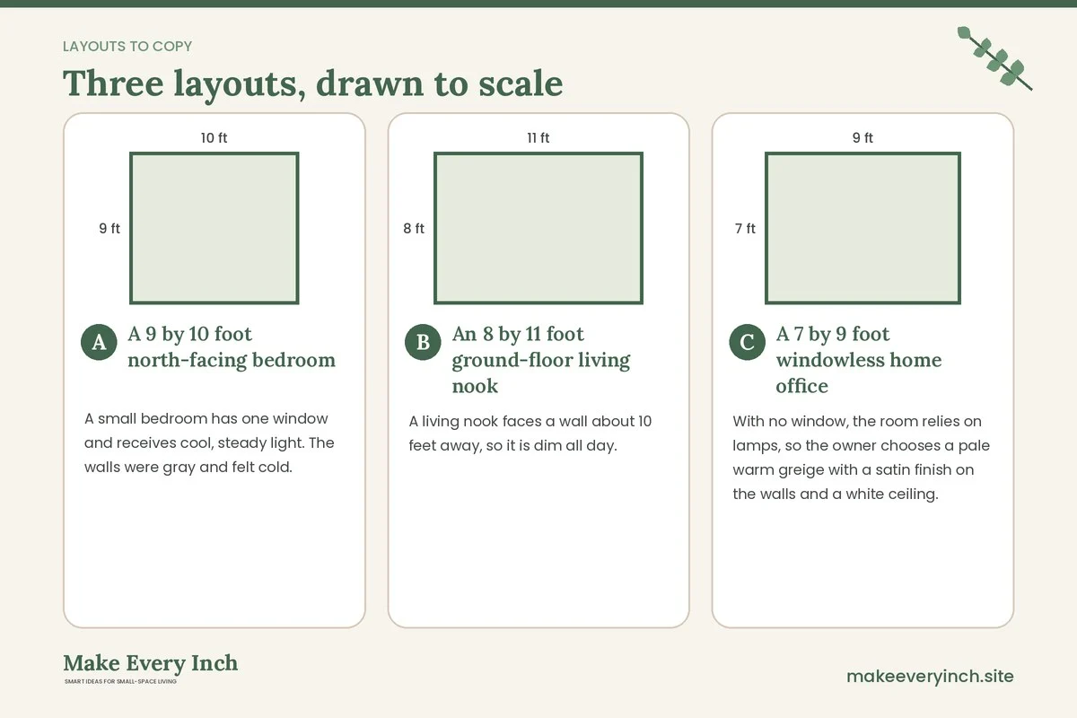Three room layouts drawn to scale with dimensions and placement notes for: 12 Small Room Paint Ideas for Low Light Spaces