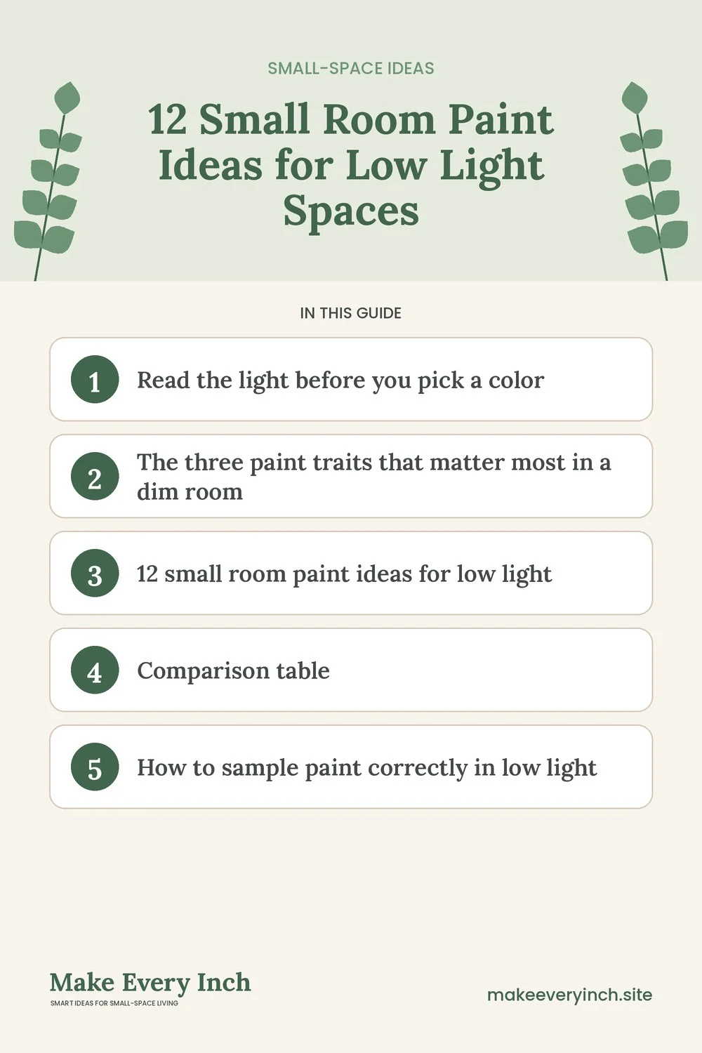 Pinterest pin listing the main topics in: 12 Small Room Paint Ideas for Low Light Spaces
