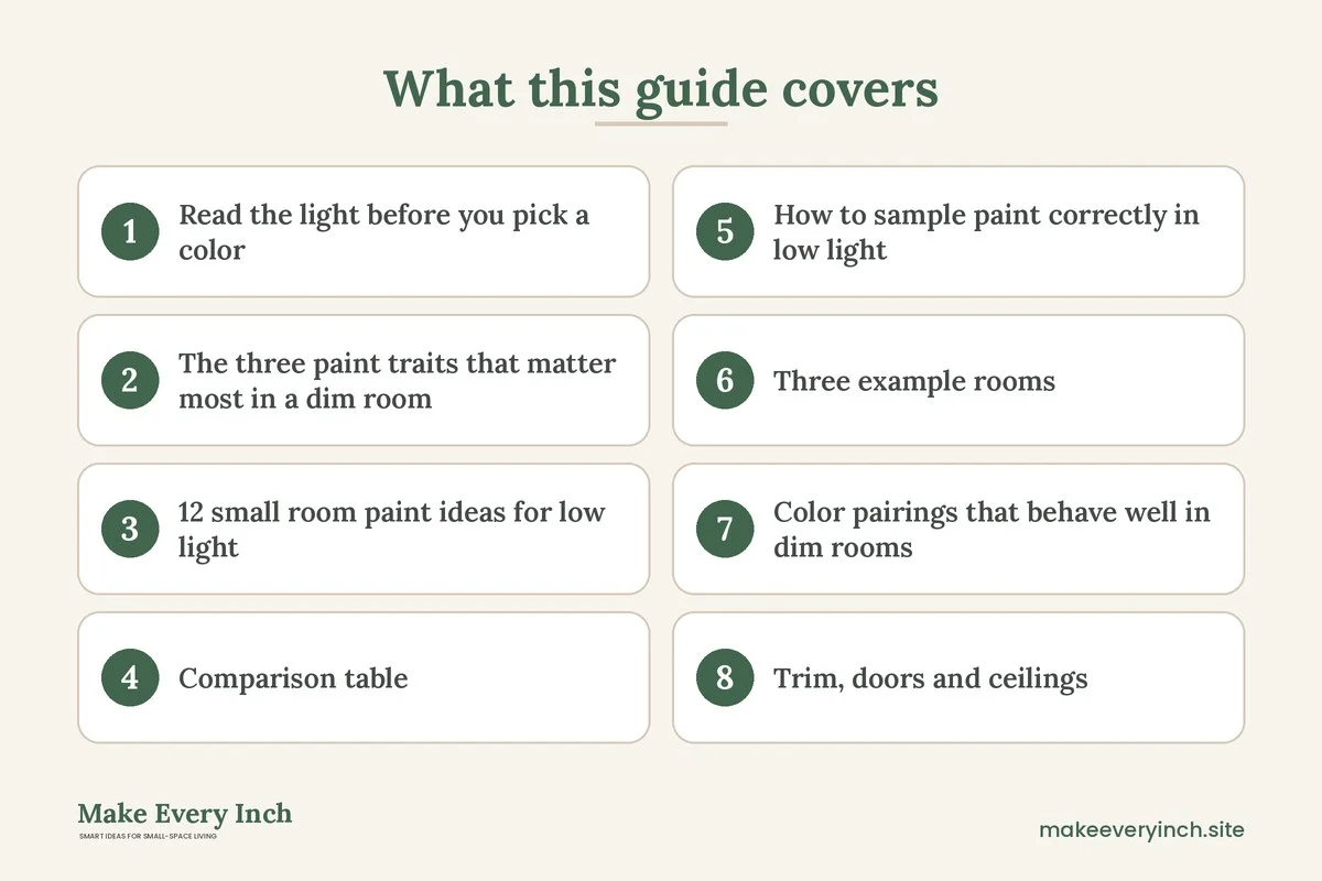 Graphic listing 8 topics covered in: 12 Small Room Paint Ideas for Low Light Spaces