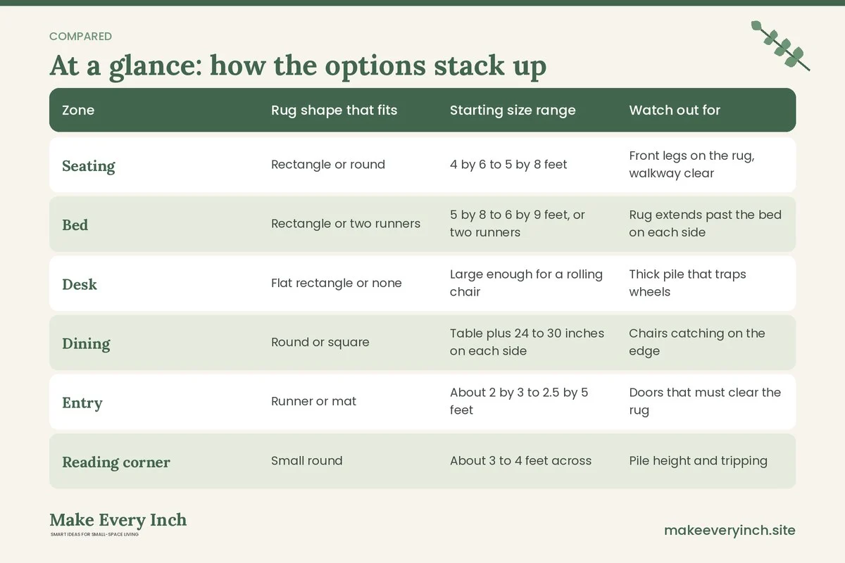 Comparison table of options for: 14 Small Room Rug Ideas to Define Zones and Work Areas (Zone, Rug shape that fits, Starting size range, Watch out for)