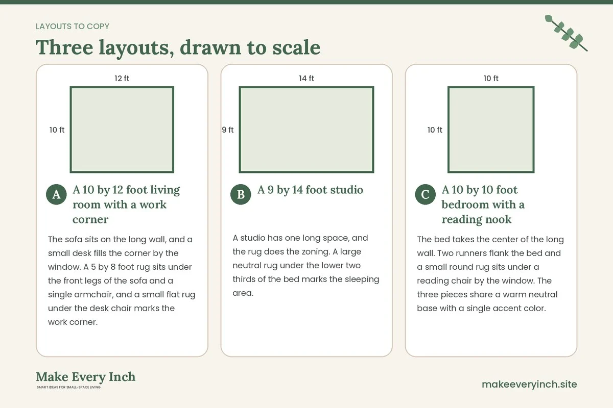 Three room layouts drawn to scale with dimensions and placement notes for: 14 Small Room Rug Ideas to Define Zones and Work Areas