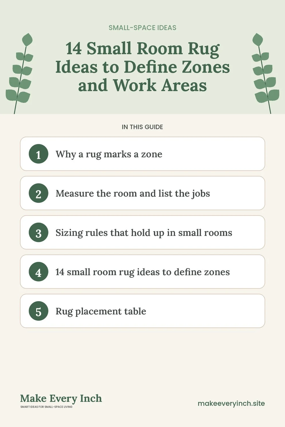 Pinterest pin listing the main topics in: 14 Small Room Rug Ideas to Define Zones and Work Areas