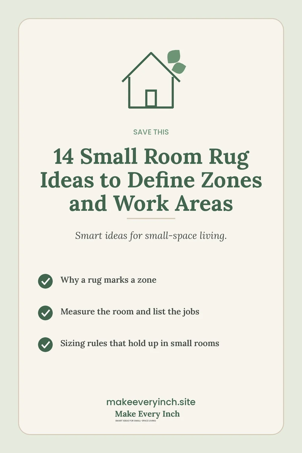 Save-this Pinterest pin with a short checklist for: 14 Small Room Rug Ideas to Define Zones and Work Areas