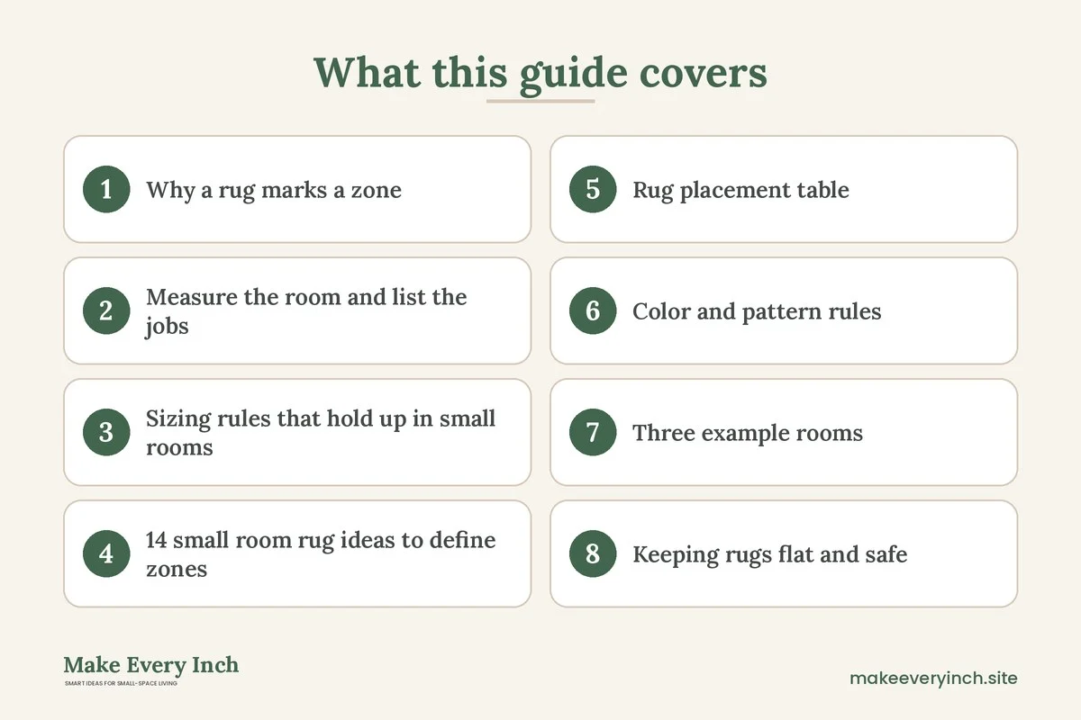Graphic listing 8 topics covered in: 14 Small Room Rug Ideas to Define Zones and Work Areas
