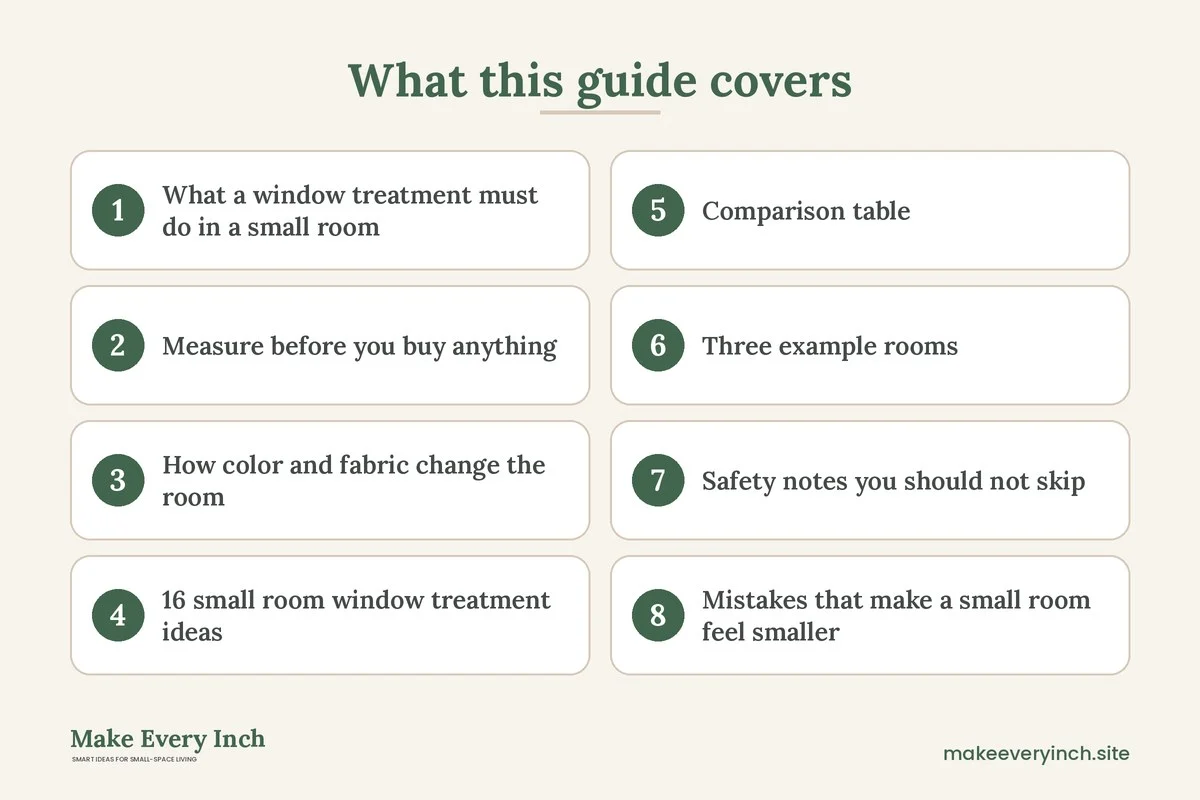 Graphic listing 8 topics covered in: 16 Small Room Window Treatment Ideas That Add Light and Height
