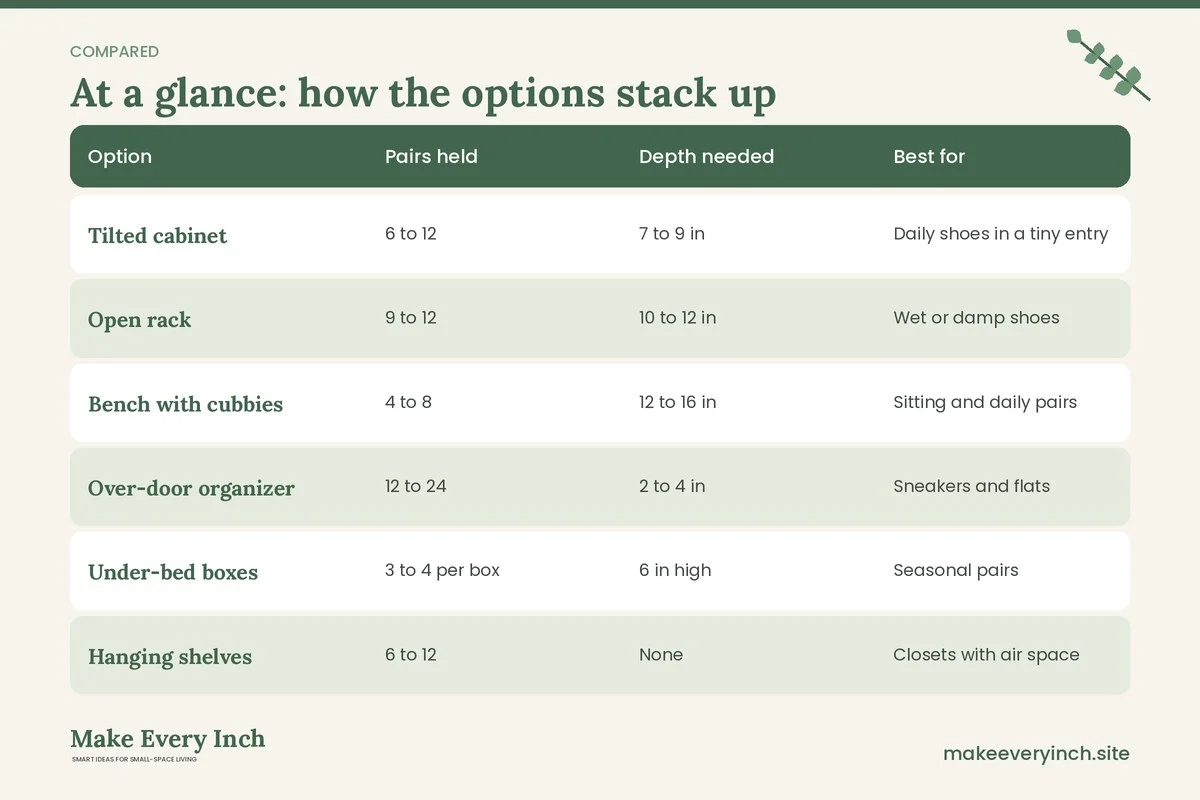 Comparison table of options for: 21 Small Shoe Storage Ideas for Tiny Entries and Closets (Option, Pairs held, Depth needed, Best for)