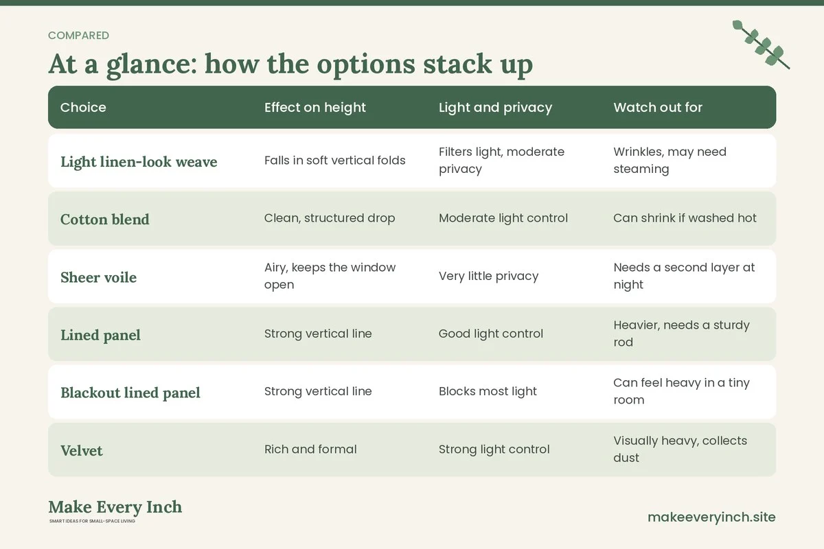 Comparison table of options for: Small Space Curtain Ideas to Add Height (Choice, Effect on height, Light and privacy, Watch out for)