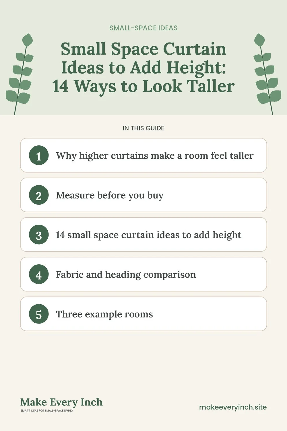 Pinterest pin listing the main topics in: Small Space Curtain Ideas to Add Height