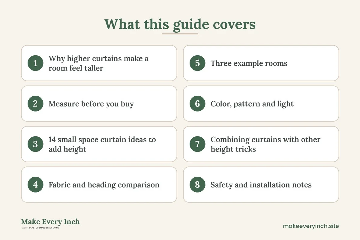 Graphic listing 8 topics covered in: Small Space Curtain Ideas to Add Height