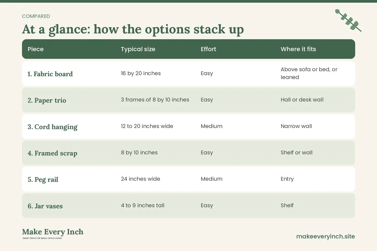 Comparison table of options for: 15 Small Space Decor Pieces You Can Make Yourself (Piece, Typical size, Effort, Where it fits)