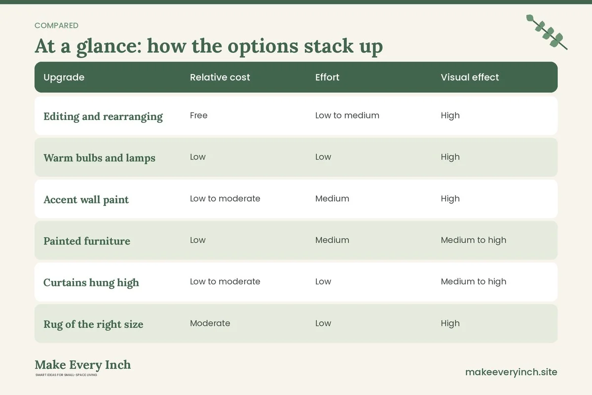 Comparison table of options for: Small Space Decorating Ideas on a Tight Budget (Upgrade, Relative cost, Effort, Visual effect)
