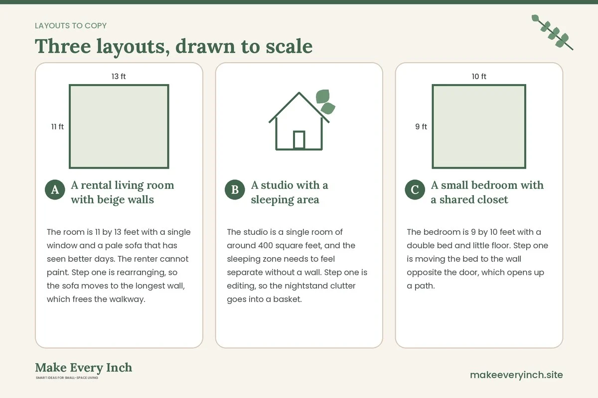 Three room layouts drawn to scale with dimensions and placement notes for: Small Space Decorating Ideas on a Tight Budget