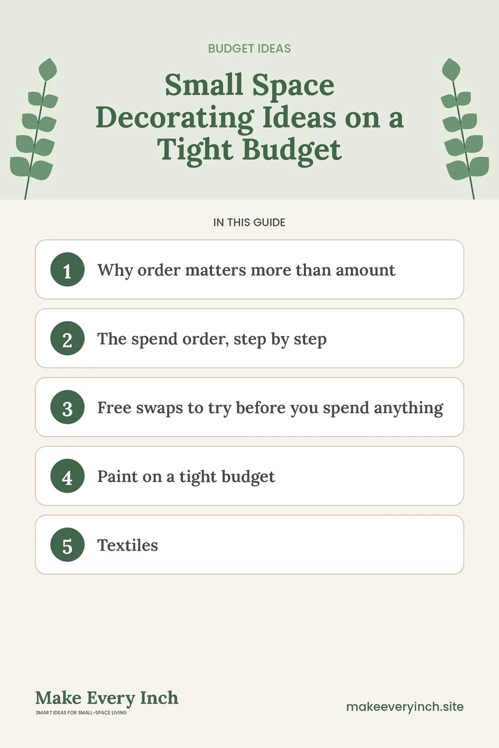 Pinterest pin listing the main topics in: Small Space Decorating Ideas on a Tight Budget