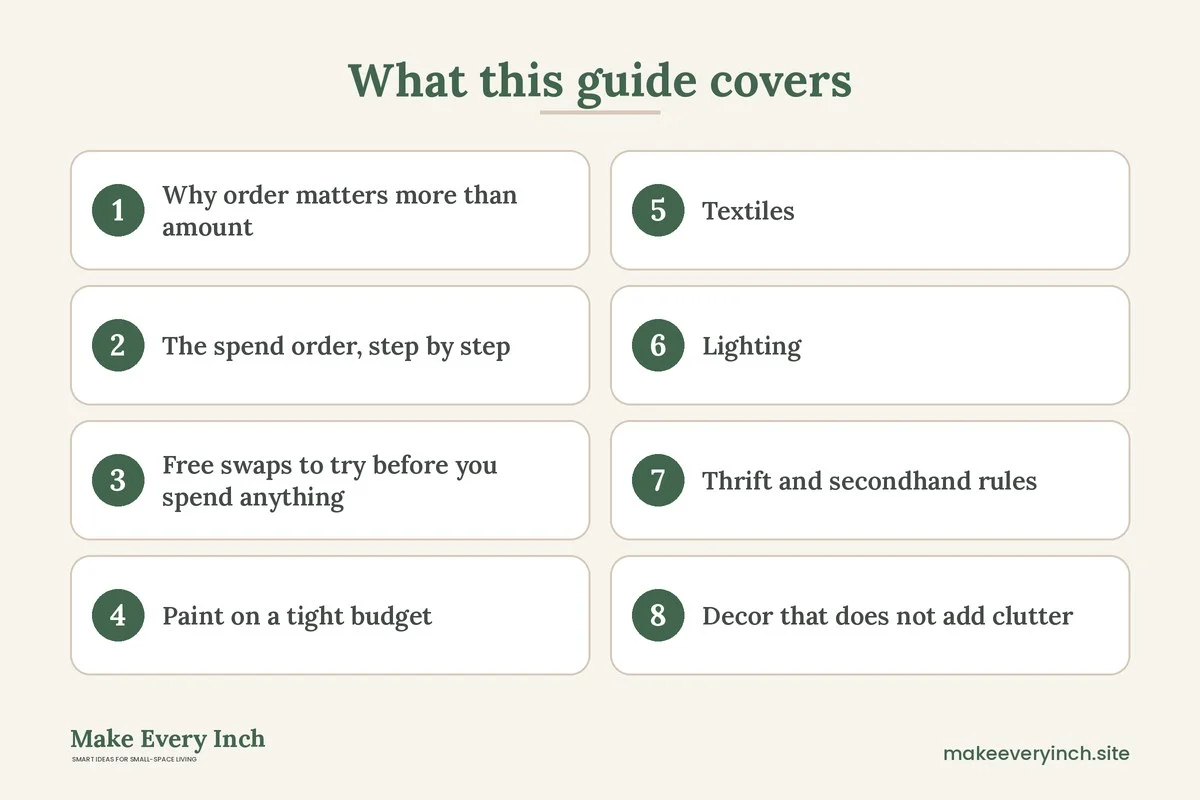 Graphic listing 8 topics covered in: Small Space Decorating Ideas on a Tight Budget