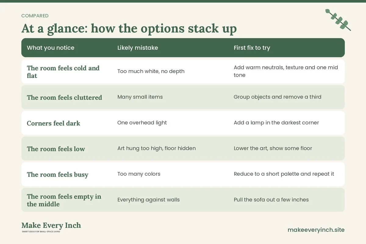 Comparison table of options for: Small Space Decorating Mistakes to Avoid (What you notice, Likely mistake, First fix to try)